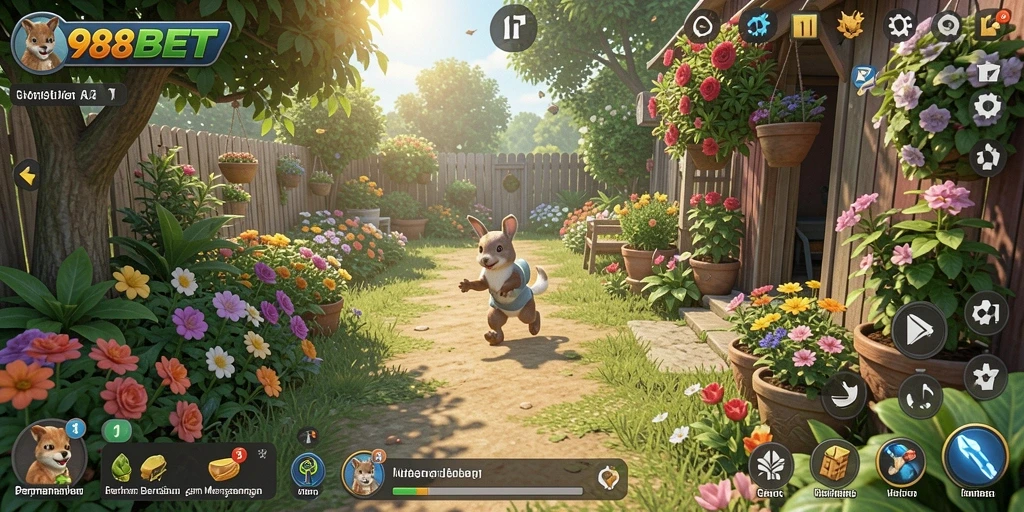 Screenshot gameplay 988BET dengan aktivitas berkebun yang seru.