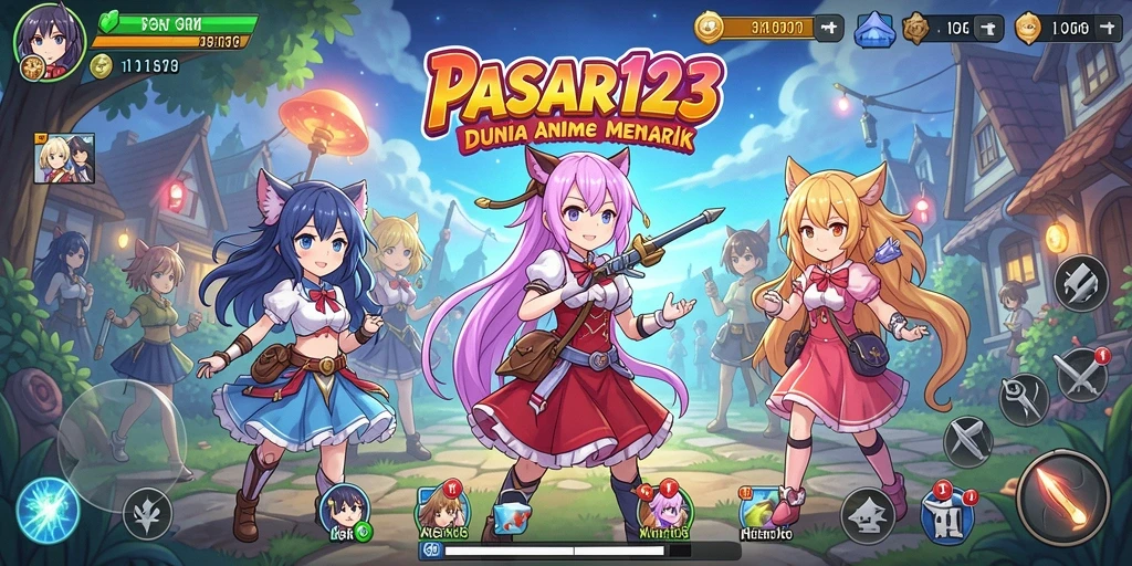 Screenshot utama PASAR123 menampilkan pertarungan epik karakter anime.
