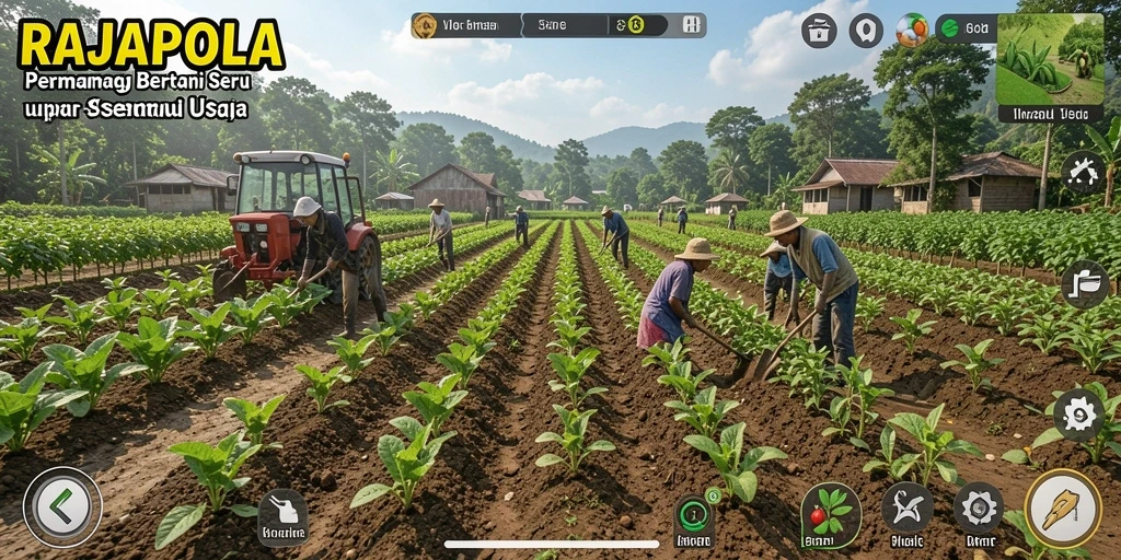 Screenshot gameplay RAJAPOLA menampilkan ladang yang hijau dan tanaman yang tumbuh subur.