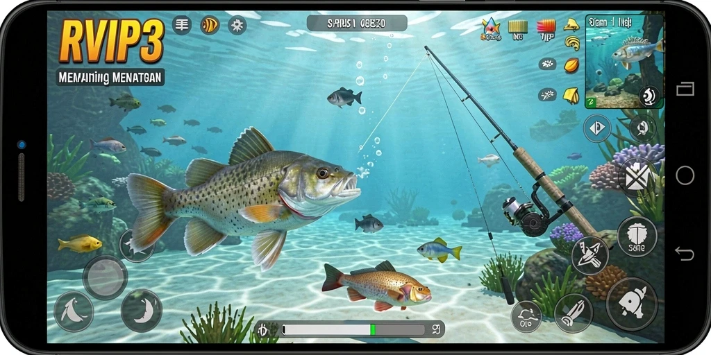 Screenshot gameplay RVIP3 yang menampilkan suasana memancing yang menakjubkan.